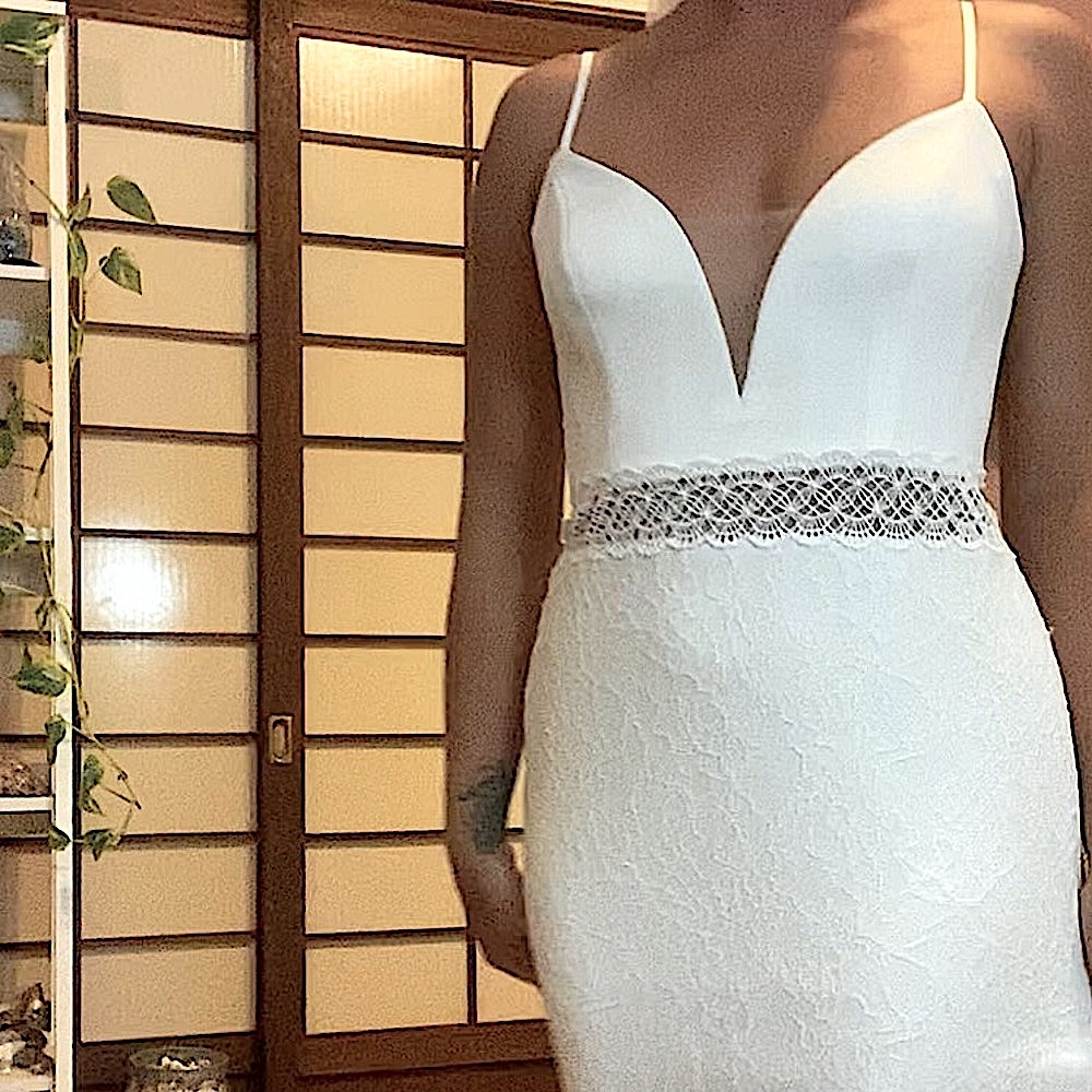 NWOT Justin Alexander Plunging V Ivory Lace Wedding Dress in long Chapel Length